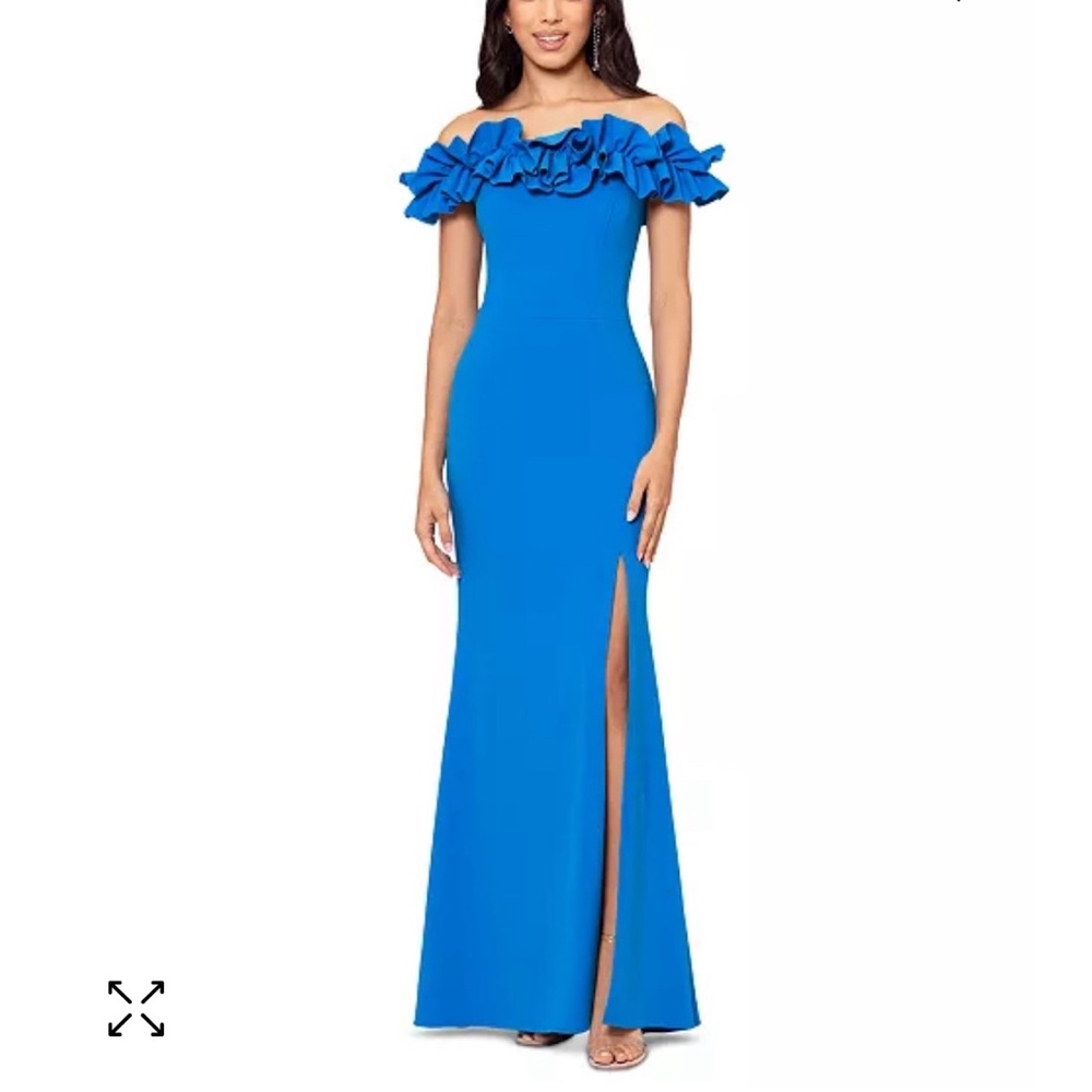 XSCAPE Formal Dress Off-The-Shoulder Ruffled-Sleeve Gown, Turquoise Blue, Size 6